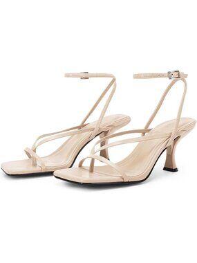 Women's Beige Leather Lace Up Square Flip Flop High Heels Strappy Sandals